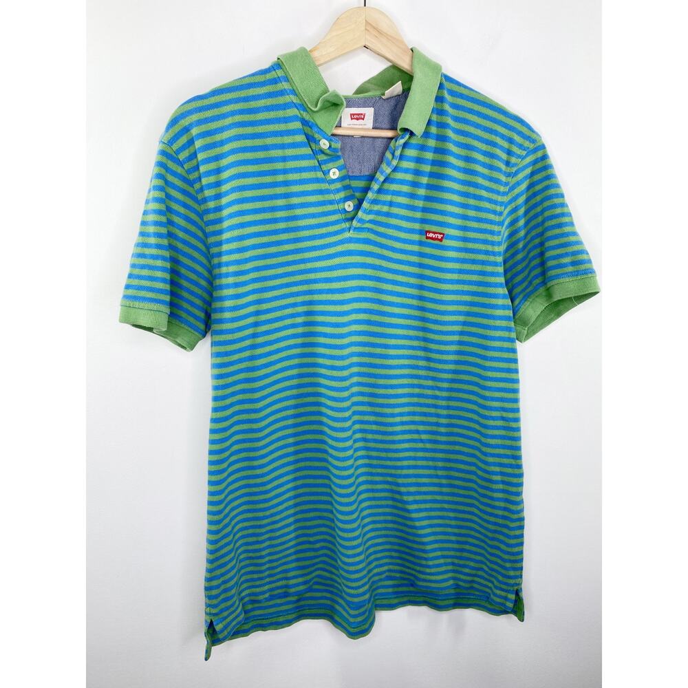 Levi's Mens Blue Green Striped Short Sleeve Collared Polo Shirt Size Medium M‎